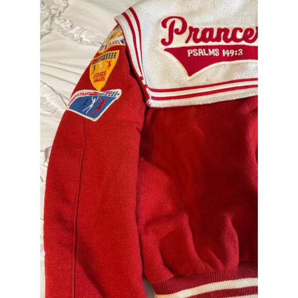 VTG Red Wool Letterman Jacket With HP and Dance Team Patches DeLONG Sz Small - Picture 10 of 16